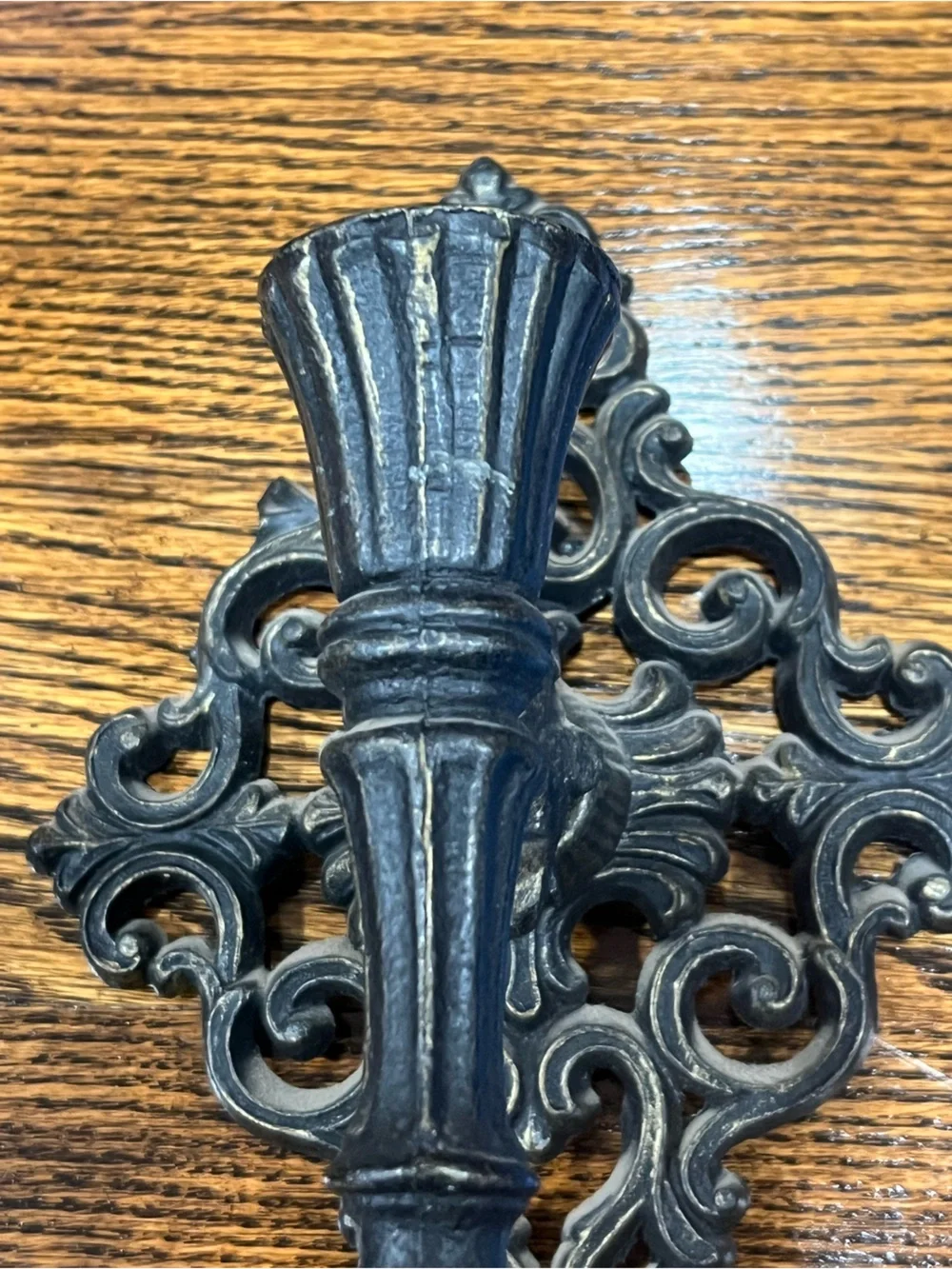 Pair of Gothic Cast Metal Wall Sconces Black Ornate Taper Candle Holders